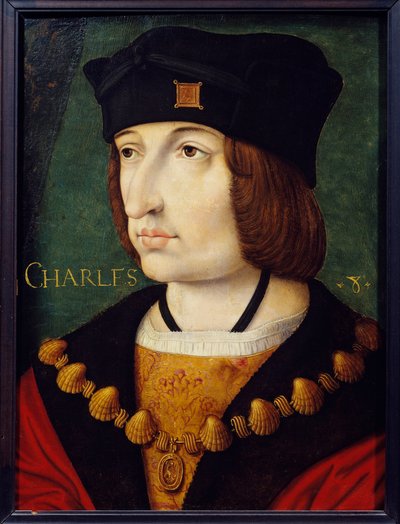 Portrett av Charles VIII (1470-1498) sønn av Louis XI Maleri av den franske skolen på 1500-tallet av Jean Perreal. Dim. 0,36x0,27 m. Musee Conde, Chantilly av French School
