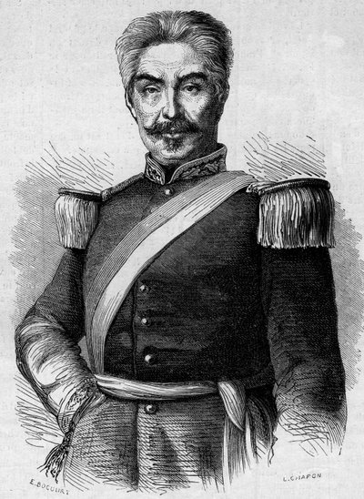 Portrait of Don Miguel San Roman (1803-1863), President of Peru. Engraving in “” Le Monde Illustré”” n°320 of 30 May 1863. av French School