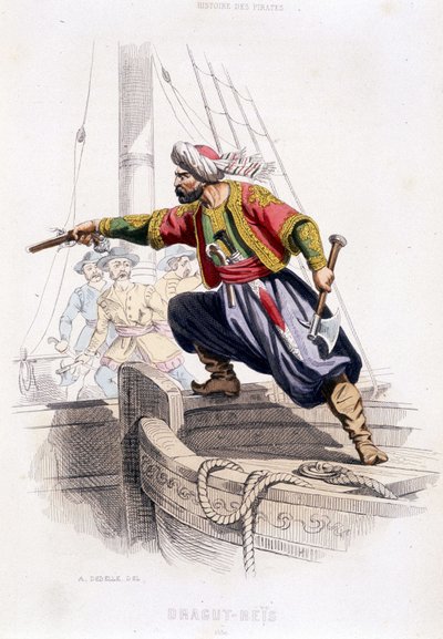 Portrett av Dragut - Reïs, tyrkisk sjørøver fra det 16. århundre - i ""History of pirates and corsairs of the Ocean and the Mediterranean"" av P. Christian, Paris, D. Cavaillés ed., Tome 1 av French School