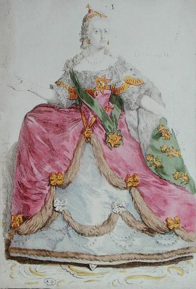 Portrett av keiserinne Catherine II (1729-96) den store av Russland, sent på 1700-tallet (farget gravering) av French School