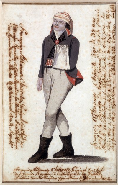 Portrett av Francois Athanase (Francois-Athanase) fra Charette de la Contrie (1763-1796), arm i et skjerf, royalistisk leder av Vendée - Musee Dobree, Nantes av French School
