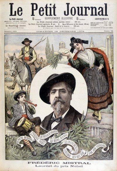 Portrett av Frédéric Mistral, omgitt av provençalske karakterer (verge, brann og Mireille) - i "Le Petit journal" av 28.12.1904 (gravering) av French School
