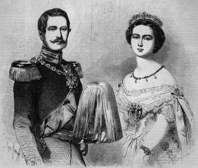 Portrett av Frederic Guilllaume av Preussen (1831-1888, fremtidig Frederic III, konge av Preussen og tysk keiser) og hans forlovede, prinsesse Victoria av England (1840-1901). Gravering i "" Le Monde Illustré"" nr. 41 av 23. januar 1858. av French School