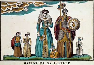 Portrett av Gayant, en gigant som symboliserer byen Douai, skildrer med familien: hans kone, Marie Cagenon, og hans tre barn, Jacquot, Fillon og Binbin. Gravering fra 1700-tallet, bilder av Belfort. Ferrand samling av French School