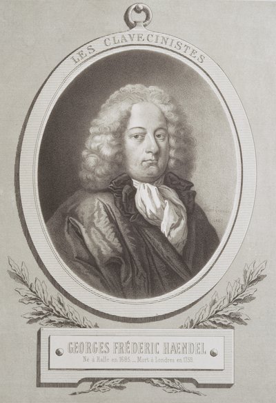 Portrett av George Frederick Handel (1685-1759) foran på et partitur av French School