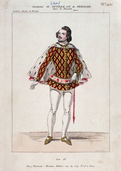 Portrett av Gilbert Duprez, fransk tenor og komponist i "La Favorite" av Gaetano Donizetti (farget gravering) av French School