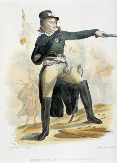 Portrett av Henri du Vergier, greve av La Rochejaquelein (eller Orchard de La Rochejacquelein) (1772-1794) med flagget "" live le roi"" (på brystet insigniene til Vendeens) - i "" Le Plutarque Français" "" av Me av French School