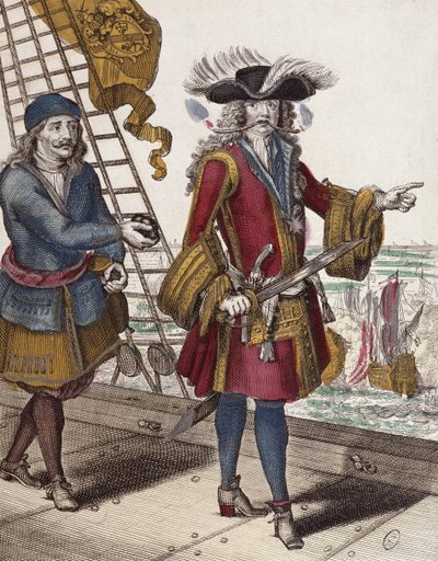 Portrett av Jean Bart (1650-1702) som holder en brennende lunte i munnen under et sjømøte (fargegravering) av French School