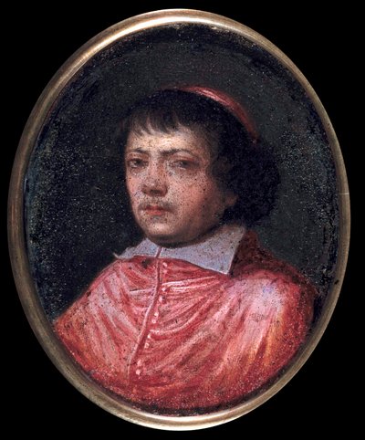 Portrett av Jean Francois Paul de Gondi (Jean-Francois-Paul de Gondy) (1614-1679) Cardinal de Retz, coadjutor of the Archeveque of Paris, Cardinal i 1651 Miniatyrmaleri fra 1600-tallet. Chantilly, Conde-museet av French School
