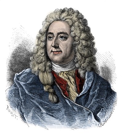 Portrett av John Law (1671 - 1729) finanskontrollør, skotsk finansansvarlig for konkursen (Event of The Rue Quincampoix) - gravering fra "" L'histoire de France contee à mes grandenfants"" - av Francois Guizot - 1872-1876 av French School