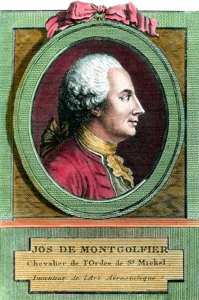Portrett av Joseph de Montgolfier (1740 - 1810) oppfinneren av luftballongen. Gravering fra 1700-tallet. Privat samling. av French School