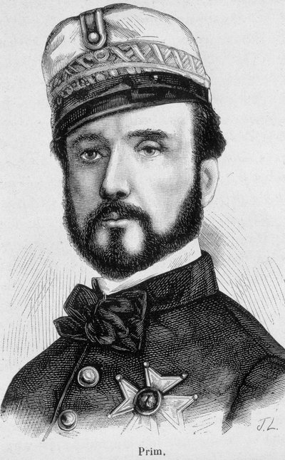 Portrett av Juan Prim y Prats, spansk general og politiker (1814 - 1870) - i "The History of France" av Henri Martin av French School