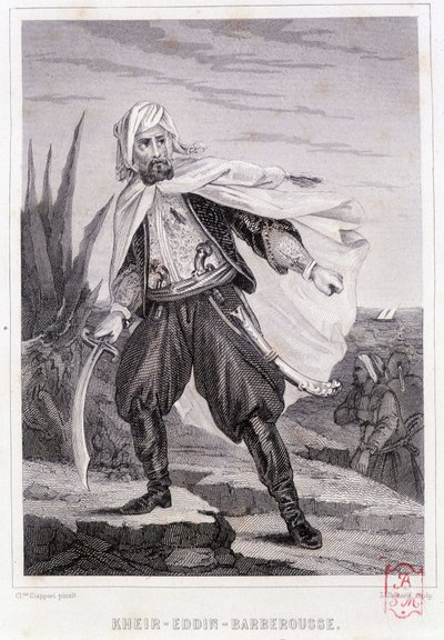 Portrett av Kheir - Eddin - Barberousse, tyrkisk pirat fra 1500-tallet - i "" History of the pirates and corsairs of the Ocean and the Mediterranean"" av P. Christian, Paris, D. Cavaillés ed., bind 1 av French School