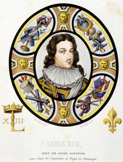 Portrett av Ludvig XIII, konge av Frankrike (1601-1643). Faksimile av et glassmaleri fra middelalderen i «Histoire de la peinture sur verre»» av Ferdinand de Lasteyrie av French School