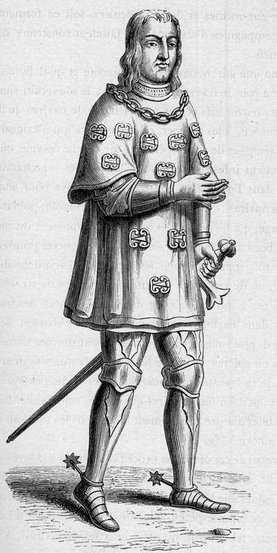Portrett av Louis de Malet, herre av Graville (ca. 1441-ca. 1519), admiral av Frankrike i 1487, i krigs- og turneringsdrakt. Gravering i "La Marine et les colonies: handel" av French School