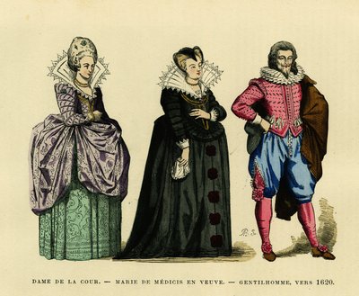 Portrett av Marie de Medicis (1573-1642), dronning av Frankrike, i enkens vane, omgitt av en hoffdame og en herremann, ca. 1620. Fargegravering, i «France et les francais a travers les siecles»» av Augustin Challamel, F.Roy-redaktør, Paris 18 av French School