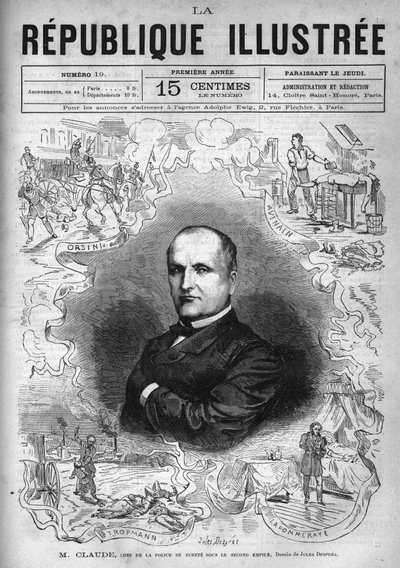 Portrait of Monsieur Claude (Antoine Francois Claude dit) (1807-1880), French policeman and writer, chief of the security police under the Second Empire. A newspaper. Engraving from 1880 in “La republique illustree”” private collection. av French School