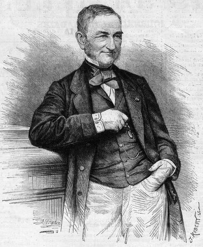 Portrett av Moreau Chaslon (Moreau-Chaslon), president for styret for Compagnie Generale des Omnibus (CGO). 1800-tallet. Gravering i "" Le Monde Illustré"" nr. 660 av 4. desember 1869. av French School