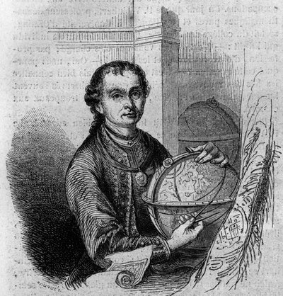 Portrett av Pierre (Peter) Anich (1723-1766), tyrolsk astronom og kartograf, med en globus og et kompas. Gravering i "" Le Magasin pittoreske"" av French School