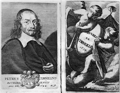 Portrett av Pierre Corneille (1606-84) 1644, frontispice for en utgave av Oeuvres de Corneille, utgitt i 1634 av French School