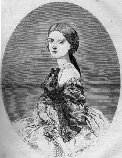 Portrett av prinsesse Clotilde av Savoy (1843-1911), fremtidige kone til prins Napoleon (1822-1891). Gravering i "" Le Monde Illustré"" nr. 94 av 29. januar 1859. av French School