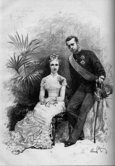 Portrett av prinsesse Stephanie av Belgia (1864-1945) og erkehertug Rodolphe av Østerrike (1858-1889). Gravering i "" Le Monde Illustré"" nr. 1209 av 29. mai 1880. av French School
