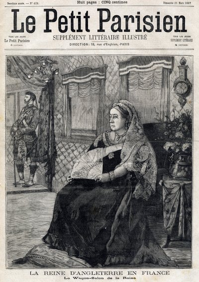 Portrait of Queen Victoria of England (1819-1901), travelling through France in her Wagon Salon. Frontpage of french newspaper Le petit Parisien. March 21 av French School