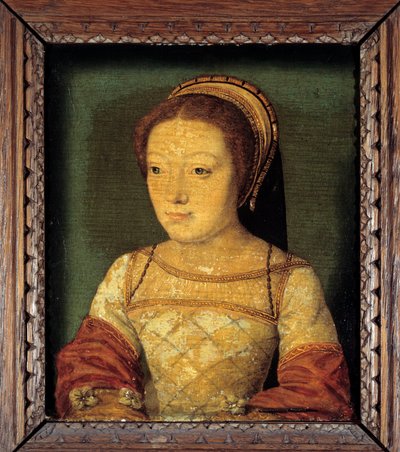 Portrett av Renee av Frankrike, datter av Ludvig XII, hertuginne av Ferrara (1510 - 1575). Olje på tre, 0,16 x 0,13 m. anonymt maleri. Fransk skole på 1500-tallet. av French School