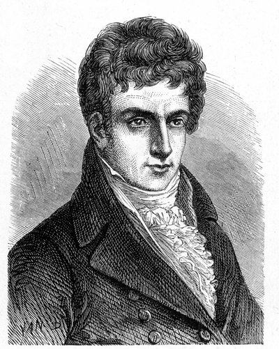 Portrett av Robert Fulton (1765 - 1815), amerikansk mekaniker som bygde den første propellubåten - i "Album of Science; berømte vitenskapsmenn; Store funn""" 1896. av French School