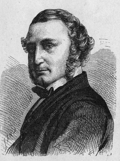 Portrett av Thomas Russell Crampton (1816 - 1888), britisk ingeniør: han tegnet et høyhastighetslokomotiv, bygget Berlins hydrauliske nettverk og deltok i etableringen av undersjøisk kabel mellom Calais og Douvres- i "Album of Science; illu av French School