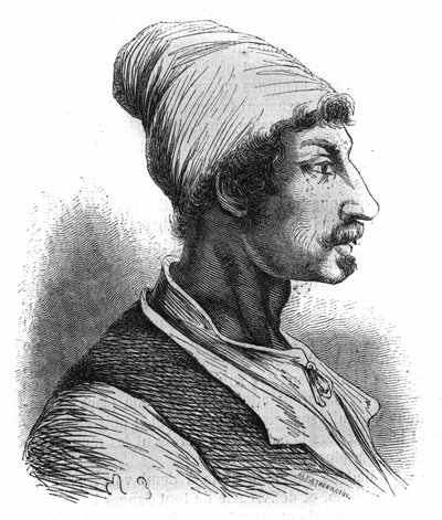Portrait of Tommaso Aniello, known as Masaniello (1622-1647), a Neapolitan fisherman, he took the head of the revolt against the Spaniards in Naples in 1647. Engraving from 1852. av French School