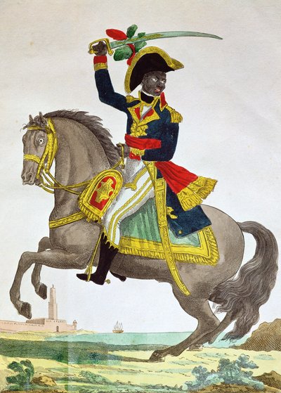 Portrett av Toussaint Louverture (1743-1803) til hest, tidlig på 1800-tallet (fargegravering) av French School