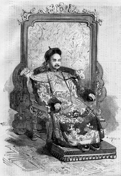 Portrett av Xianfeng (1831-1861), keiser av Kina av Qing-dynastiet. Gravering i "" Le Monde Illustré"" nr. 199 av 2. februar av French School