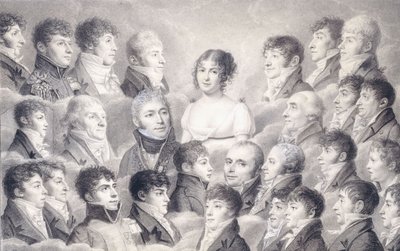 Portrett av en ung dame omgitt av sine beundrere, av French School
