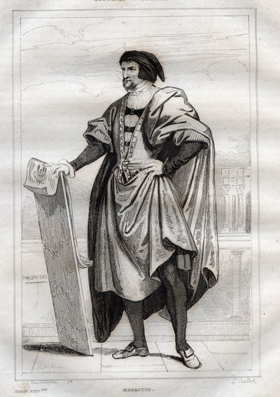 Portrait of italian painter Masaccio (Tommaso di Giovanni Cassai) (1401-1428) - Engraving from “” Italy Picturesque” - Historical and Descriptive Painting of Italy” by M. de Norvins, Ch. Nodier 1834-1836. av French School
