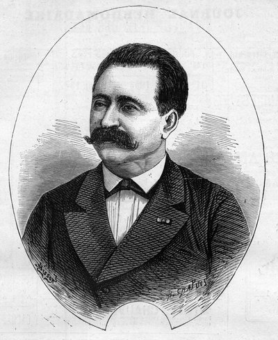 Portrett av "" Doktor Nicolay"" (Faure Nicolay, fransk tryllekunstner?). Gravering i "" Le Monde Illustré"" n°1052 av 9. juni 1877. av French School