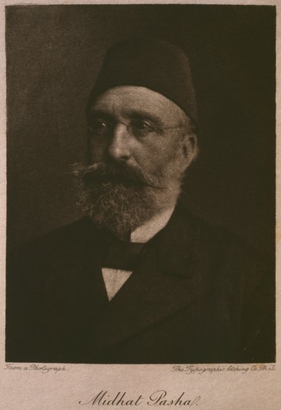 Portrett av Khedive Tawfik, fra LEgypte av Georg Moritz Ebers (1837-98), 1881 (bw gravering) av French School