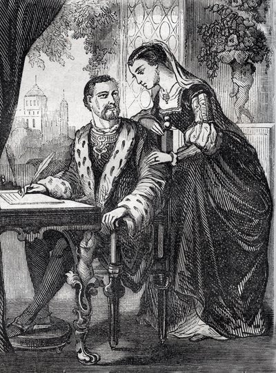 Portrett av kongen av Frankrike Henri II (1519-1559) og Diane de Poitiers (1499-1566)" (Portrett av kongen av Frankrike Henri II og Diane av Poitiers) - gravering - av French School