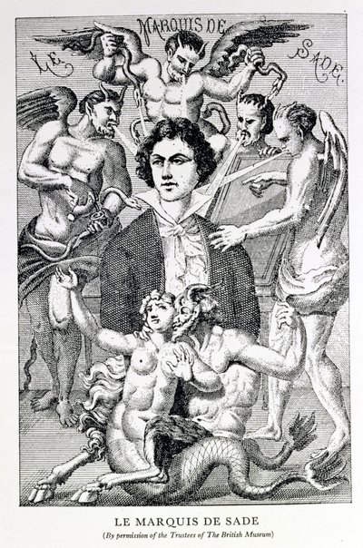 Portrett av Marquis de Sade omgitt av djevler (gravering) av French School