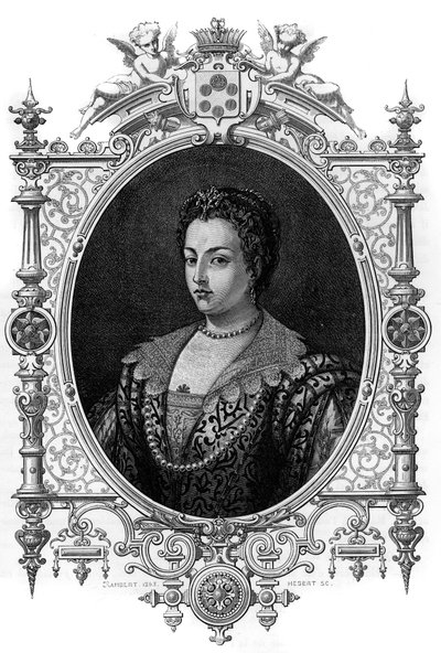 Portrait of the Venetian Bianca Cappello (1548 - 1587), wife of Francois de Medicis (Francesco de Medici). Engraving of 1862 in “” The Queens of the World”” by our first writers. Book published under the direction of J. G. D. ARMENGAUD. av French School