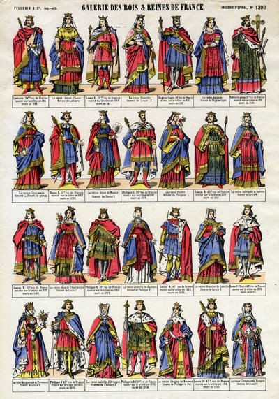 Portrett av kongene og dronningen av Frankrike fra Capetian-dynastiet (Capetian-dynastiet) fra Lothaire (941-986) til Ludvig X Hutinen (1289-1316). Epinal avbildning fra slutten av 1800-tallet. Privat samling. av French School