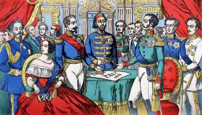 Portrett av Europas suverene under fredsavtalen i 1856: fra venstre til høyre, Victor Emmanuel II (Victor Emmanuel) (Vittorio Emanuele), konge av Sardinia, Victoria, dronning av England, Napoleon III, tyrkisk keiser, Alexander II, konge av Russland, F av French School