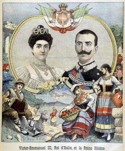 Portretter i medaljong av Victor Emmanuel III og Helene av Montenegro, suveren av Italia, dekker "The Petit Journal" 5/7/1903 (gravering) av French School