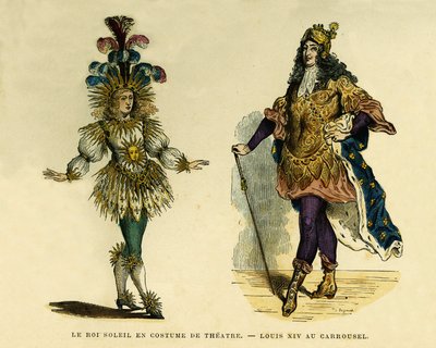 Portretter av kong Ludvig XIV (1638-1715), i teaterdrakt og karusell. Fargegravering, i «France et les francais a travers les centuries»» av Augustin Challamel, F.Roy-redaktør, Paris 1882. Selva-samlingen. av French School