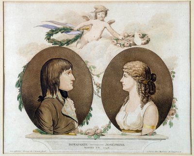 Portretter av Napoleon Bonaparte (1769-1821) og Josephine de Beauharnais (1763-1814) giftet seg i 1796”” Anonym akvarell rundt 1800. Søn 0,21x0,23 m Malmaison, musee du chateau av French School