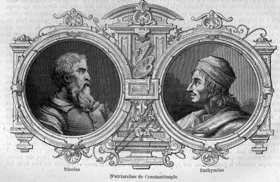 Portretter av mystikeren Nikolas (900-tallet) og Euthymius av Athos (955-1028), patriarker av Konstantinopel. Gravering i "Histoire des Papes-Rois-Queen and Empereurs a travers les centuries"" av Maurice Lachatre av French School