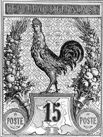 Frimerke som viser den franske hanen, emblem for den franske republikken, sent på 1800-tallet av French School