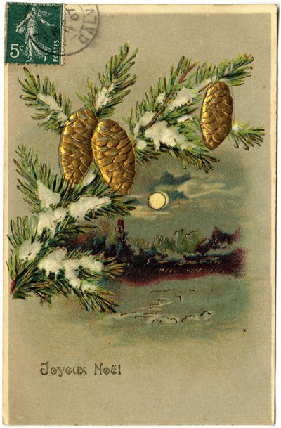 Postkort: God jul (trykt papir i kromolitografi, preget og forgylt) av French School