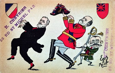 Postkort som viser president Loubet (1838–1929), kong Edward VII (1841–1910) og Theophile Delcasse (1852–1923), mai 1903 av French School