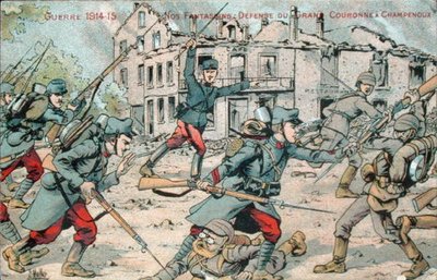 Postkort som viser det franske infanteriet som forsvarer Champenoux av French School